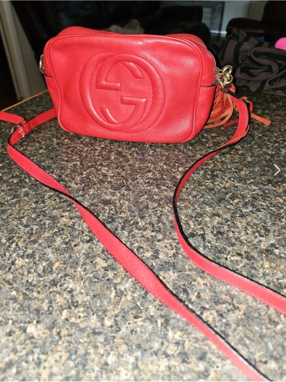 Gucci Red Pebbled Leather Crossbody Camera Bag with Interlocking G